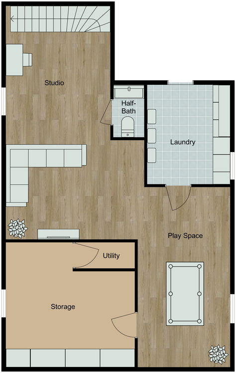 A beige and teal 2D basement floor plan layout with stairs coming down, a studio with a living room, a play space with a pool table, one half-bathroom, a laundry room, and a large storage room. Multipurpose Basement Layout, Large Laundry Room Layout, Basement Blueprints, Basement Layout Floorplan, One Bedroom House Plans, 2d Floor Plan, One Bedroom House, Basement Layout, Plan Layout