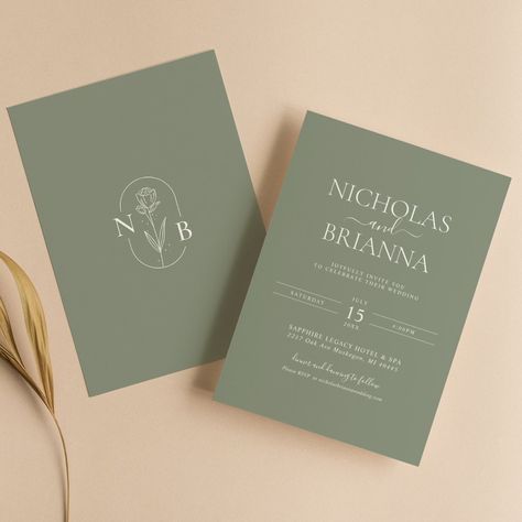 Sage Green Modern Minimalist Boho Wedding Monogram Invitation. Monogram at the back. Wedding Minimalist Invitation, Boho Sage Green Wedding, Minimalist Wedding Invitation Modern, Boho Wedding Invitation Template, Wedding Minimalist, Monogram Invitation, Minimalist Invitation, Wildflower Wedding Invitations, Monogram Wedding Invitations