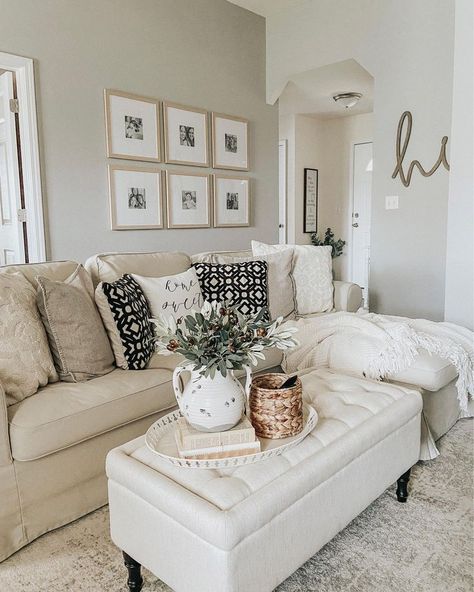 Farmhouse Living Room with ottoman coffee table Living Room With Ottoman, Corner Fireplace Living Room, White Room Decor, Ottoman Coffee, Farmhouse Living Room, Ottoman Coffee Table, Living Room With Fireplace, Farmhouse Style Decorating, Room Inspiration Bedroom