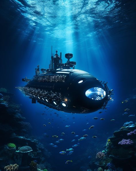 Deep Sea Submarine, Underwater Facility, Submarine Concept Art, Underwater Technology, Fantasy Submarine, Submarine Aesthetic, Underwater Submarine, Underwater Vehicle, Nautilus Submarine