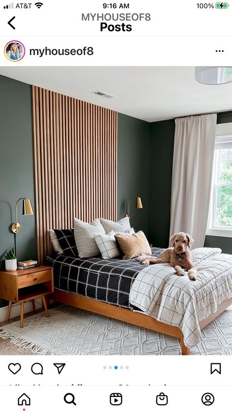 Slate Headboard Bedroom, Slate Bedroom Wall, Green Slat Wall Bedroom, Green And Wood Accent Wall, Slat Wall Bedroom Headboards, Wood Slats Behind Bed, Green Wall With Slats, Dark Green Modern Bedroom, Bedroom Wall Slats Ideas