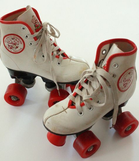 Strawberry Shortcake Rollerskates.  My grandma bought me a pr of these skates from Childrens Palace.  I was so excited. Strawberry Shortcake Roller Skates, Strawberry Roller Skates, Strawberry Shortcake Shoes, Vintage Roller Skates, Roller Skates Vintage, Skate Aesthetic, 80s Girl, Cherry Baby, Strawberry Shortcake Doll