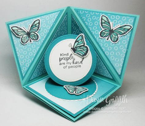 Triangle Pop Up Card, Corner Pop Up Card Tutorial, Corner Pop Up Card, Pop Up Flower Cards, Dawn Griffith, Dawns Stamping Thoughts, Tarjetas Pop Up, Spinner Card, Fancy Fold Card Tutorials