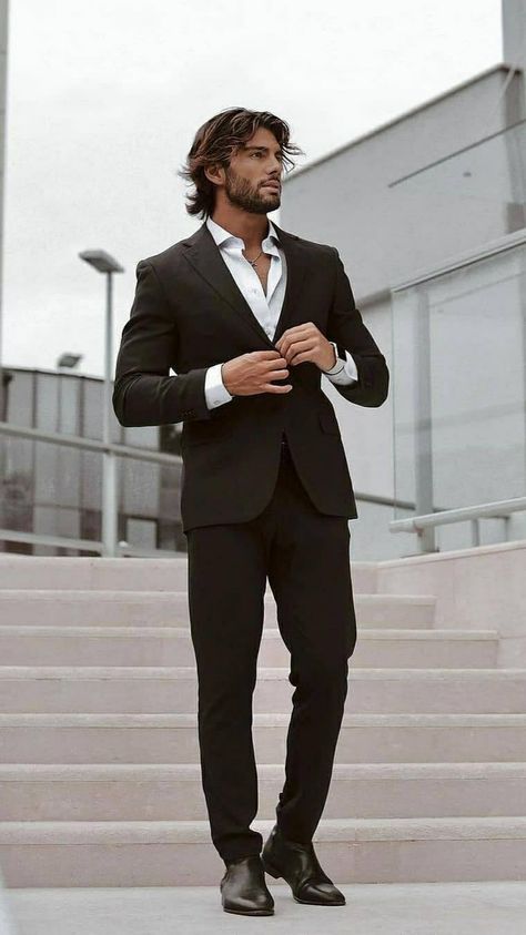 Black Suit Aesthetic Men, Black Suit Men, Light Grey Suits, Classy Suits, Mens Fashion Blazer, White Dress Shirt, Wedding Suits Groom, Men Stylish Dress, Mens Haircuts Fade