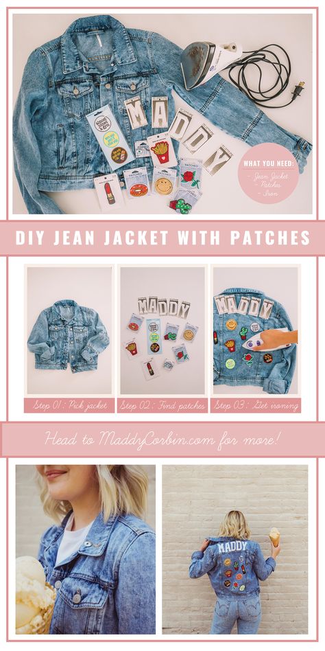 3 Easy Summer DIY Projects — Maddy Corbin Jean Jacket Patches Aesthetic, Diy Patch Denim Jacket, Diy Patch Jacket Ideas, Decorating Jean Jackets, Diy Denim Jacket Patch, Girls Jean Jacket With Patches, Cricut Jean Jacket, Diy Patch Jean Jacket, Denim Jacket With Patches Diy