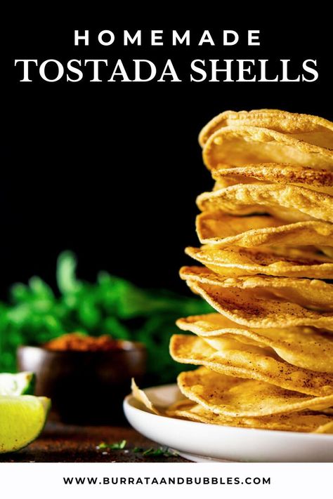 These homemade tostada shells are freshly fried, perfectly crunch and a delicious alternative to your typical Taco Tuesday recipes. Get this recipe for tostada shells at Burrata and Bubbles. #homemadetostadashells #tacotuesdayrecipes #tostadashells #tostadarecipes #friedtostadas Homemade Tostada Shells, Tostadas Recipes, Tostada Shells, Fried Corn Tortillas, Taco Tuesday Recipes, Tuesday Recipes, Tostada Recipes, Fantastic Recipes, Sides Recipes