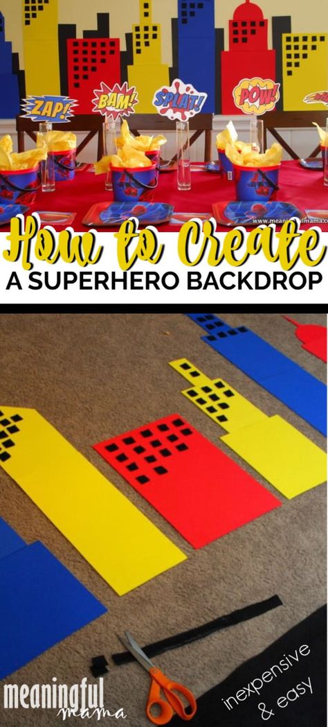 This is a great tutorial about how to make an easy and inexpensive superhero backdrop that would be great for parties, classrooms or set design. Also included is a more complicated fabric superhero backdrop idea. #superhero #birthdayparties #partyideas #superheroparty #superherodecorations Superman Party Decorations, Superhero Birthday Party Decorations, Superhero Backdrop, Superhero Vbs, Create A Superhero, Superman Birthday Party, Superhero Party Decorations, Superman Party, Superhero Classroom Theme