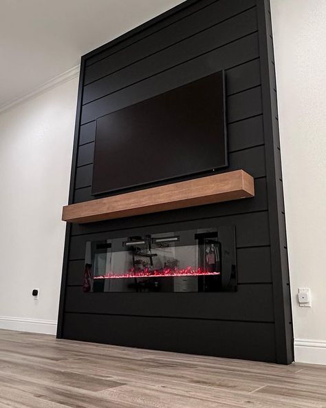 Built Out Tv Wall Unit With Fireplace, Feature Wall Around Tv, Living Room With Fireplace In The Corner, Built In Wall Tv Unit, Tv Black Accent Wall, Built Fireplace Wall, Modernizing Fireplace, Wall With Tv And Electric Fireplace, Black Home Interior Design Living Room