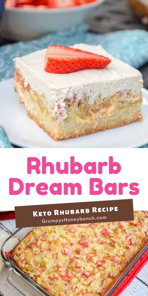 Rhubarb Keto, Keto Rhubarb, Rhubarb Dream Bars, Rhubarb Custard Bars, Best Rhubarb Recipes, Keto Friendly Ice Cream, Rhubarb Coffee Cakes, Rhubarb Custard, Layered Dessert