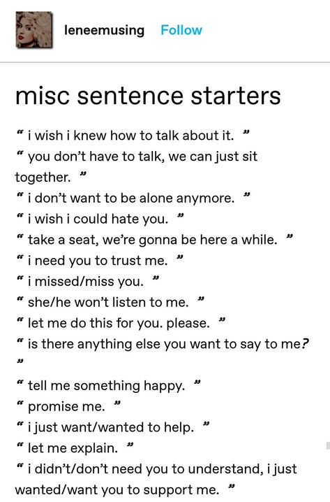 Scenarios For Writing, Writing Inspiration Tips, Writing Plot, Story Writing Prompts, Writing Things, Sentence Starters, Writing Dialogue Prompts, Creative Writing Tips, Dialogue Prompts