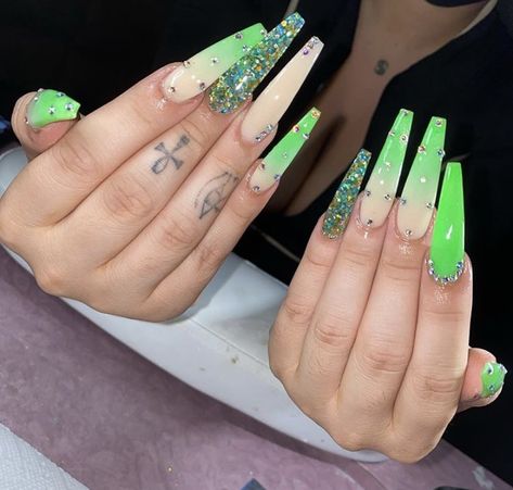 Green And Black Long Nails, Glow In The Dark Nails Green, Long Neon Green Nails, Lime Green Nails With Rhinestones, Glow In The Dark Green Nails, Neon Green Acrylic Nails Coffin, Lime Green Nails With Design, Candy Apple Green Nails, Lime Green Prom Nails