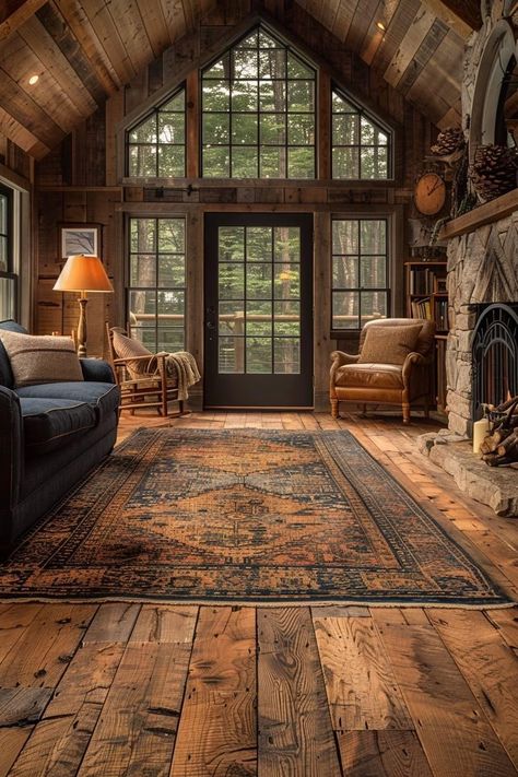 Cozy Rustic Cabin, Elegant Lodge Decor Interior Design, Dark Lodge Aesthetic, Rural House Interior, Montana House Interior, Cabins And Cottages Interior, Dark Wood House, Mountain Cottage Interiors, Rustic Farmhouse Fireplace