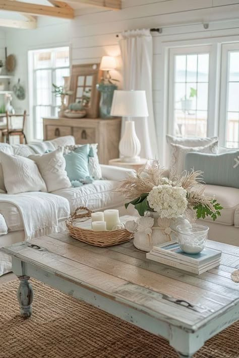 Coastal Interior Design Style, Coastal Living Rooms Ideas, Light Blue Living Room, Beachy Living Room, Coastal Living Room Ideas, Coastal Bedroom Ideas, Muebles Shabby Chic, Shabby Chic Decor Living Room, Nautical Decorations