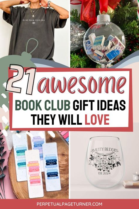 collage of book club gift ideas (in my book club era tee, book club custom ornament, book stack ornament and custom book club wine glass) with text overlay that says 21 awesome book club gift ideas they will love Book Club Ornament Ideas, Bookclub Gifts Diy, Bookish Gifts Diy, Book Club Christmas Gifts, Book Club Gift Ideas, Bookworm Gift Ideas, Book Lovers Gifts Diy, Book Club Ideas Hosting, Book Lover Aesthetic