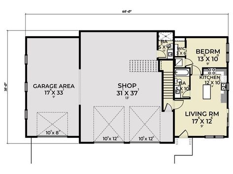 Small Living Quarters In Shop, Living Quarters In Shop, Shop With Small Living Quarters, Barndo Garage, Shop With Living Quarters, Garage Door Sizes, Garage Outdoor, Carriage House Plans, Pool House Plans