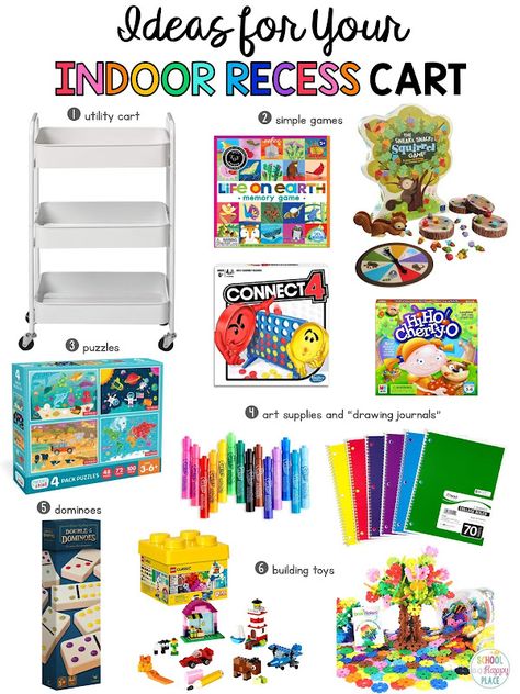 School Is a Happy Place: Make an Indoor Recess Cart for Your Classroom {Plus FREE Cart Labels in a Variety of Colors} Indoor Recess Cart, Indoor Recess Games Elementary, Indoor Recess Ideas Elementary, Therapeutic Classroom, Indoor Recess Activities, Recess Activities, Organization Classroom, Recess Games, Teaching Board