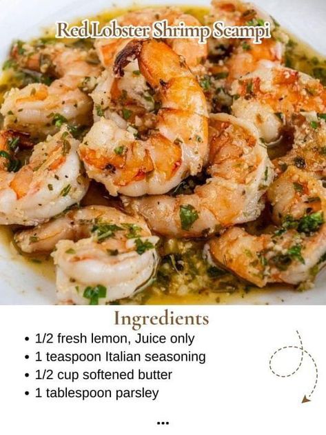 Red Lobster Shrimp Scampi - a taste of restaurant luxury at home! My husband's exact words after his first bite, 'Oh my god, Ashley, this is fantastic!' We all agreed, and now it's a family favorite! This is an absolutely wonderful meal. You can even eat them on top of freshly cooked pasta if you prefer a complete meal, but for me, bread is the only way to go!  ￼ Ingredients 1 lb medium shrimp, peeled and deveined 1 tablespoon pure olive oil 2 tablespoons garlic, finely chopped… 1 1/2 cups white wine, I use chardonnay 1/2 fresh lemon, Juice only 1 teaspoon Italian seasoning 1/2 cup softened butter 1 tablespoon parsley 1/2 cup grated Parmesan cheese How To Make Famous Red Lobster Shrimp Scampi 1. Heat cast iron skillet and add olive oil. 2. Add shrimp and cook until tender and no longer tra Shrimp Scampi With Pasta, Red Lobster Shrimp Scampi, Red Lobster Shrimp, Shrimp Scampi Recipe, Seafood Entrees, Scampi Recipe, Twisted Recipes, Shrimp Recipes Easy, Baked Salmon Recipes