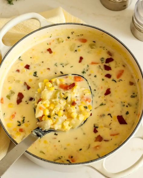 Corn Chowder With Bacon And Potatoes, Bacon Chowder, Bacon Corn Chowder, Seasoned Corn, Best Freeze Dried Food, Bacon Potato, Creamy Chicken Soup, Bisque Recipe, Corn Chowder Recipe