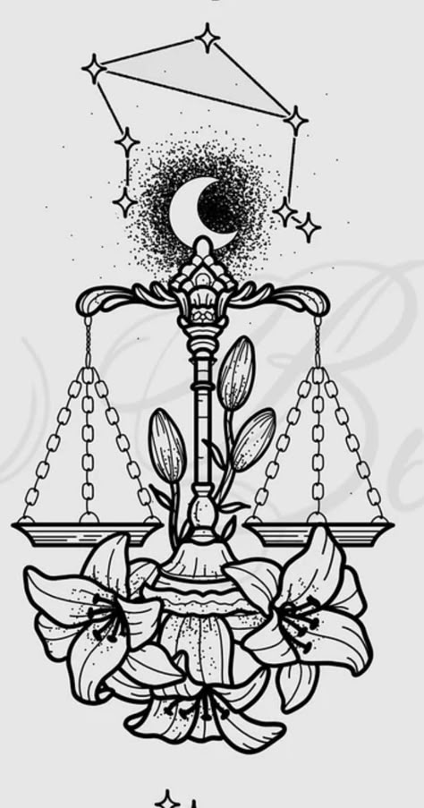 Libra Dark Tattoo, Libra Line Art Tattoo, Ornamental Libra Tattoo, Libra Sketch Drawings, Scales Tattoo Libra Balance, Libra Flower, Blessed Tattoos, Sagittarius Tattoo, Libra Art