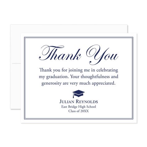 PRICES MAY VARY. Graduation Thank You Cards: 5.5x4.25" flat, black and white thank you notecards with envelopes. The back of the notecard will be blank white. Event-Worthy Paper: Our notecards are printed on 120 lb. white cover stock with a timeless eggshell texture. Matching white envelopes are included. Personalize It! - Enter the graduate's name, school, and graduation year, and select your desired number of notecards (minimum of 10) in the “Customize Now” section. Optional Add-on: Return add Navy Blue Office, Hello Love, Graduation Thank You Cards, Blue Office, Graduation Year, Thank You Note Cards, High School Classes, White Cover, Cards With Envelopes