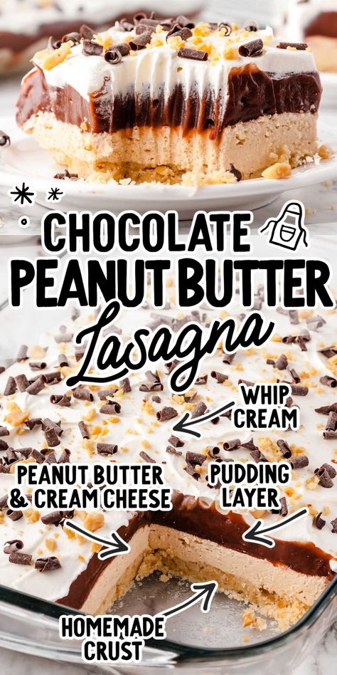 Creamy layers of creamy pudding, peanut butter, and cream cheese will make this chocolate peanut butter lasagna an instant favorite. Peanut Butter Lasagne, No Bake Peanut Butter Lasagna, Chocolate Peanut Butter Pudding Dessert, Peanut Butter Christmas Desserts, Chocolate Peanut Butter Lasagna Recipe, Peanut Butter And Cream Cheese Recipes, Peanut Butter Desserts Easy Simple, Peanut Butter Lasagna Desserts, Sunday Deserts