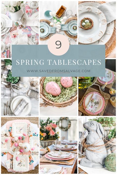 PICTURES OF 9 DIFFERENT TABLESCAPES FOR EASTER AND SPRING Easter Tablescape Ideas, Diy Napkin Rings, Garden Themes, Easter Egg Decor, Egg Decor, Easter Baby Shower, Napkin Rings Diy, Baby Shower Table Decorations, Creative Tables