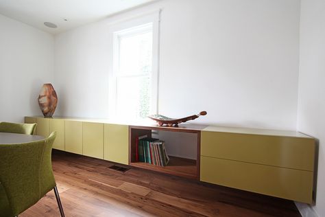 Home Office Credenza Storage, Credenza In Office, Tv Corner Ideas, Master Bath Vanities, Floating Credenza, Loft Vibes, Cocktail Room, Tv Corner, Floating Cabinet