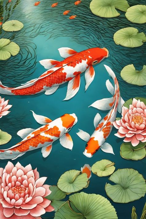 Koi Pond Serenity Check more at https://paintlyx.com/koi-pond-serenity/ Traditional Illustration, Asian Things, Koi Art, Koi Fish Pond, Watercolor Landscape Paintings, Fish Pond, Koi Pond, Cool Art Drawings, Koi Fish