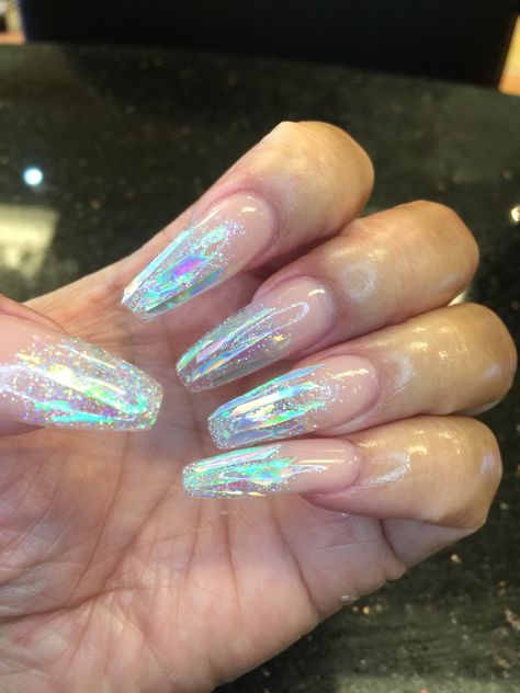 Holographic Nails designs Blue Prom Makeup, Holographic Nail Designs, Rave Nails, Prom Nails Red, Prom Nails Silver, Clear Acrylic Nails, Turquoise Nails, Nail Design Video, Pretty Nail Colors