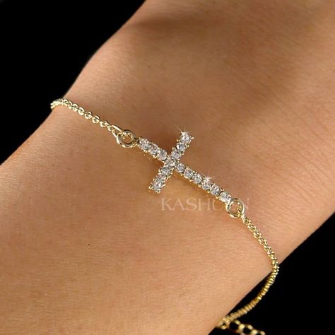 "PERFECT GIFT FOR LADIES!! You are getting a dainty, Sideways Cross Charm original rhodium plated bracelet attached to  fine cable original rhodium plated Gold Tone chain.  Charm size is 7/16\" wide X 11/16\" high (11mm X 18mm) Color (Standard Swarovski Color Names): Crystal Clear The bracelet measures 7\" long (18cm) with 2\" extension chain (5cm). Prices are in US$. For shipping policies and other important information, click on \"profile\" on the right. See an item that you like but has alrea Gold Jewelry Bracelets, Gold Cross Bracelet, Best Friend Christmas Gift, Pretty Jewelry Necklaces, Preppy Jewelry, Luxe Jewelry, Jewelry Chain, Jewelry Accessories Ideas, Silver Chain Bracelet