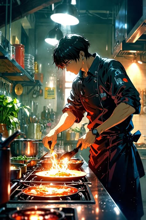 #anime #chef #wallpaper #illustration Guy Illustration Character Design, Anime Chef Guy, Chef Wallpaper, Chef Drawing, Anime Chef, Chef Aesthetic, Anime Cooking, Chef Art, Aesthetic Anime Wallpaper