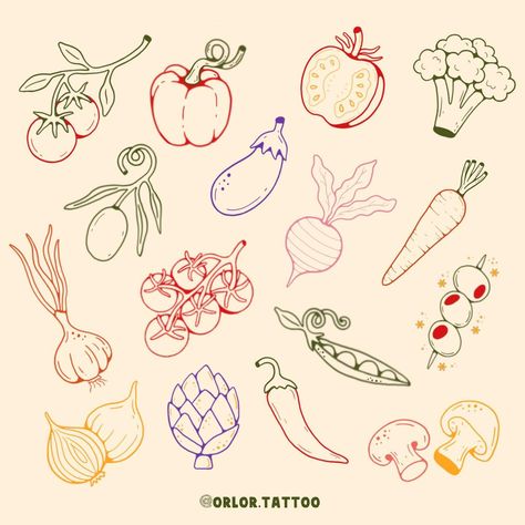 cute and fun veggie flash available for handpoke! 🌶️🥕🫒🧄🍅🧅🥦🍆🫛 available to tattoo in black ink or colour ink. swipe to see colour ideas! :) message me or enquire or use the link on my profile for my booking form to book I always do discounts when you book more than one design in a session! prices start from £60 @harmlesstattoo Braintree, Essex #handpoke #handpoketattoo #stickandpoke #veggietattoo #foodtattoo #funtattoo #essextattoo #hertfordshiretattoo #suffolktattoo Tomato Stamp Tattoo, Fruit And Vegetable Tattoo, Green Onion Tattoo, Fruit Flash Tattoo, Charcuterie Tattoo, Tiny Filler Tattoos, Vegetables Tattoo, Veggie Tattoo, Veggies Illustration