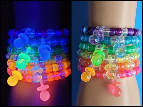 These kandi bracelets are made with rainbow pony beads and cute pacifier beads. These bracelets glow under blacklight! These measure 7 inches. Includeds 6 kandi bracelets. This Item is made to order. Perfect for any event! You will get lots of compliments in this unique wearable art! Stand out at your next event! Edm festival Raves Party Rave outfit Festival outfit Pride Party favor Birthday gift Stocking stuffer Christmas gift Kandi Kid Outfit, Glitter Bracelets, Kandi Jewelry, 2000s Rave, Outfit Edc, Kandi Singles, Bracelets Kandi, Rave Bracelets, Kawaii Bracelet