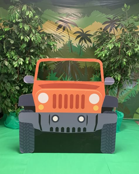 Safari Jeep Photo Booth, Safari Jeep Cardboard Diy, Jeep Photo Booth, Zoomerang Vbs, Safari Birthday Party Decorations, Jurassic Park Birthday Party, Birthday Party At Park, Jurassic Park Birthday, Safari Jeep