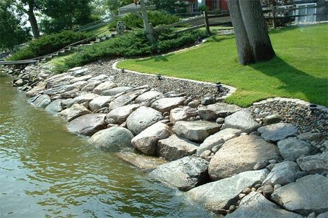 Lakeshore riprap with a nice flat stone stair. Riprap Retaining Wall, Lake Landscaping, Lake Minnetonka, Lakefront Living, Lakeside Living, Pond Landscaping, Erosion Control, Piscina Natural, Lake Living