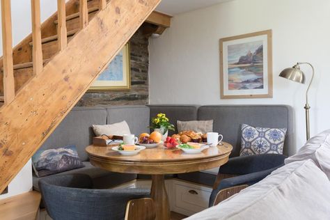 Dining Table Under Stairs, Table Under Stairs, Miners Cottage, Home Id, Cosy Living Room, Beach Retreat, Under Stairs, Coastal Cottage, Dining Bench