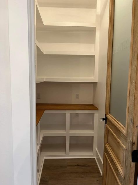 Pantry Utility Closet Combo, Pantry Closet With Wine Fridge, Pantry With Slanted Ceiling, Small Walk In Pantry With Window, Mini Walk In Pantry, Small Walkin Pantry Design Layout, Pantry Shelving Spacing, Small Walk In Pantry With Countertop, Small Hidden Pantry