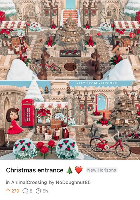 Acnh Christmas Entrance Designs, Acnh Christmas Island Entrance, Animal Crossing Christmas Entrance, Acnh Christmas Entrance, Acnh Winter Island Entrance, Acnh Christmas Island, Animal Crossing Christmas Ideas, Acne Christmas, Christmas Animal Crossing