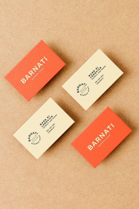 Retro vibe but with a modern twist! An artistic business card design by Andreza Soares for Barnati, a barber shop with an old but modernized footprint and focused on providing quality service in a welcoming environment for customers. #businesscards #branding #identity #graphicdesign #brandinspiration #branddesign #namecards #typography #wordmark #businesscard #businesscarddesign Business Card One Side, Barber Shop Branding, Nice Business Cards, Name Card Design Business, Shop Card Design, Barber Branding, Barber Shop Business Cards, Artist Business Cards Design, Shop Business Card