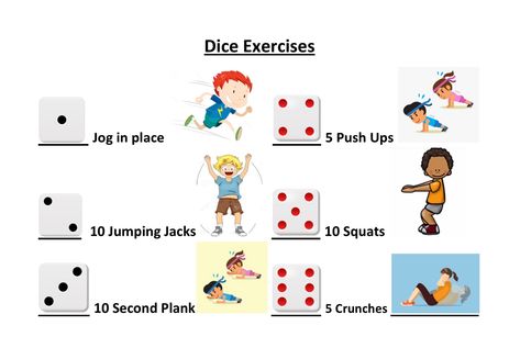 Dice exercises for kids. Fun Exercises For Kids, Dice Activities, Kid Exercise, Alphabet Bingo, Gym Games For Kids, Exercises For Kids, Fun Exercises, Summer Camp Games, Prairie Dogs