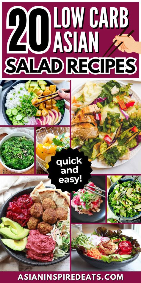 Jumpstart your New Year's resolutions with this roundup of 20 Healthy & Low Carb Asian Salad Recipes! These healthy recipes will fill your tummy without the excess calories. From Grilled Miso Shrimp Salad and Panera's Thai Chicken Salad to Soba Noodle Salad and Vegetarian Falafel Bowl Salad, you'll never go hungry when you have this Asian salad recipe collection in your back pocket. Great for healthy lunch options as well as low-carb family dinners for busy weeknights. Keto Asian Salad, Low Carb Asian Salad, Healthy Asian Salad, Miso Shrimp, Vegetarian Falafel, Asian Salad Recipes, Traditional Asian Food, Asian Turkey Lettuce Wraps, Healthy Lunch Options