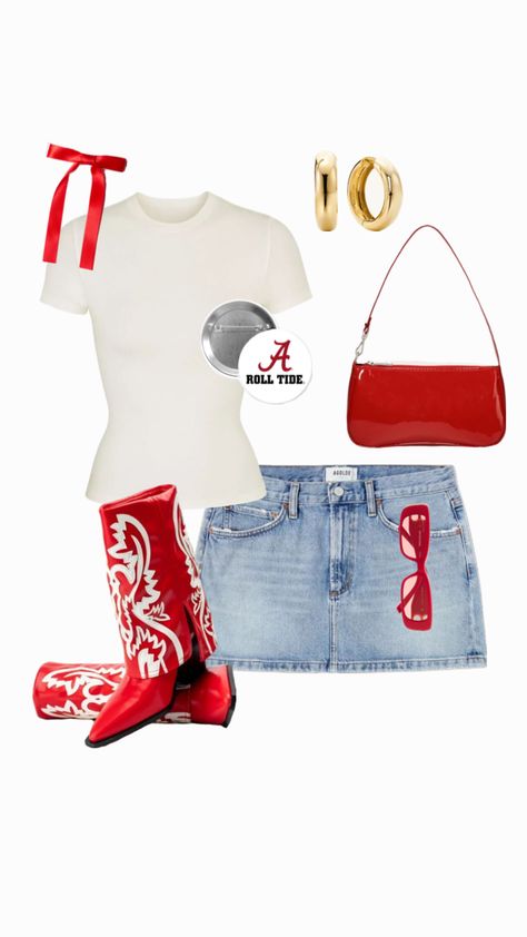 alabama gameday outfit🤍 Alabama Game Outfit, Alabama Tailgate Outfit, Custom Gameday Outfits, Ga Game Day Outfit, Red College Game Day Outfit, Bama Football Outfits, Red And White Game Day Outfit, Alabama Game Day Fits, Alabama Rush Week Outfits