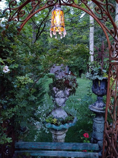 BEST Mini Garden Decor Ideas 2024 - Winter Garden Designs - Garden Decors Backyard Wiccan Garden Ideas Backyards, Whimsigoth Landscape, Witchy Patio, Gothic Backyard, Evergreen Backyard, Witchy Garden Aesthetic, Fairy Garden Backyard, Maximalist Garden, Witchy Backyard