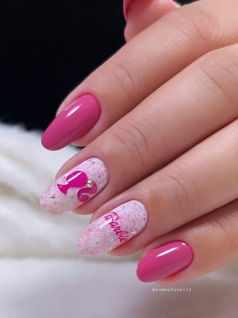 Barbie silhouette accent Nail Barbie Design, Pink Nails For Kids, Goth Barbie Nails, Nail Designs Barbie, Ongles Summer, Barbie Themed Nails, Barbie Nails Design Ideas, Barbie Nail Art, Barbie Nail