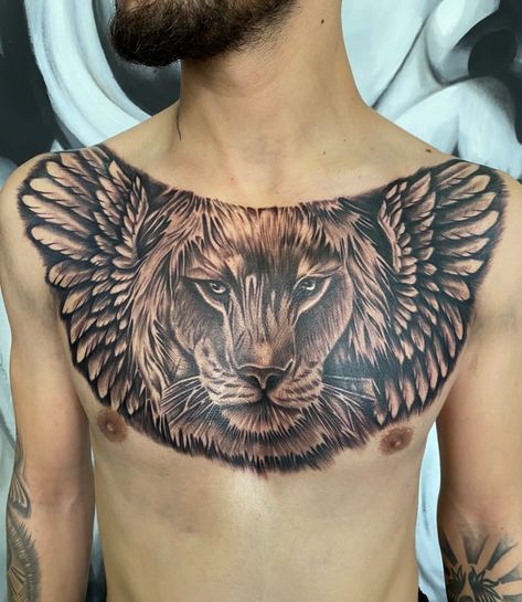 Wing and Lion Tattoo Chest Lion Tattoo, Lion Chest Tattoo, Lion With Wings, Winged Lion, Lion Tattoos, Wings Tattoo, Lion Tattoo, Chest Tattoo, Tatting