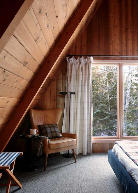 A-Frame Cabin Bedroom Reveal - The Faux Martha Modern Cabin Bedroom, Loft Dining Room, Retreat Home, Big Bear Cabin, Tahoe Cabin, Leather Wing Chair, Cabin Vibes, Ski Cabin, Bedroom Frames