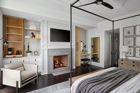 Fireplace And Tv, Fireplaces Layout, Bedroom Built Ins, Bedroom Seating Area, Built In Dresser, Chicago Interior Design, Chicago Real Estate, Fireplace Built Ins, Primary Suite