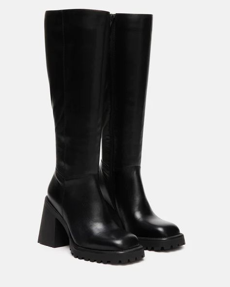 VIOLET Black Leather Knee High Block Heel Boot | Women's Boots – Steve Madden Knee High Leather Black Boots, Steve Madden Leather Boots, Black Trendy Boots, Colure Pallet, Knee High Black Boots Outfit, Fall Black Boots, Black Fall Boots, Going Out Boots, Steven Madden Boots