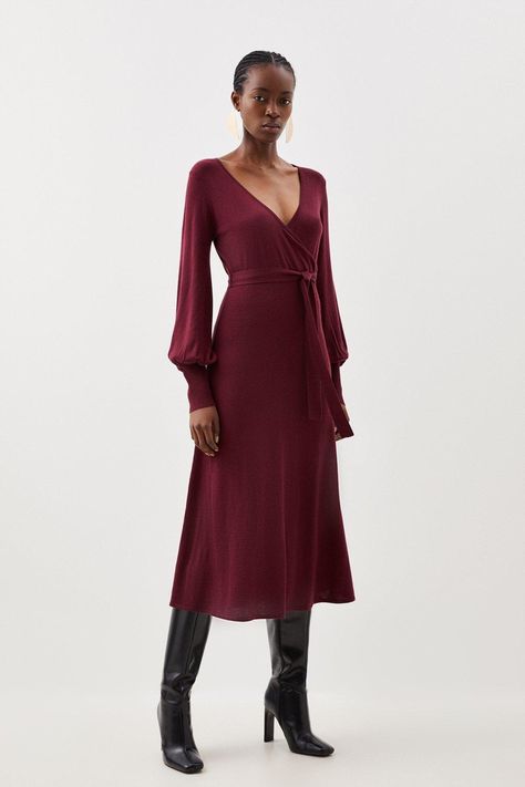 Exude elegance in this dress, encapsulating a feminine touch with long cuffed sleeves and a wrap style bodice, while luxury cashmere delicately falls to a midi hemline. Finished with a self-tie belt, pair this piece with barely-there heels for party wear that promises compliments.Midi hemlineLong cuffed sleevesCashmere fabricWrap style Heels For Party, Dresses For Women Classy, Aesthetic Closet, Pretty Clothing, Knit Wrap Dress, Cashmere Fabric, Red Midi Dress, Knitted Dress, Midi Dress With Sleeves