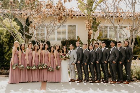 Desert Rose Bridesmaid Dresses With Groomsmen, Pink And Gray Wedding Party, Blush Pink Bridesmaids And Groomsmen, Desert Rose Bridesmaid Dresses And Groomsmen, Pink Bridesmaid Grey Groomsmen, Groom And Groomsmen Attire Grey Blush Pink, 8 Bridesmaids 8 Groomsmen, Groomsmen Attire Blush Color Schemes, Pink And Dark Grey Wedding